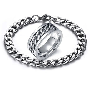 Stylish Men & Women Cuban Link Chain Spinner Ring and Bracelet Jewelry Sets Stainless Steel Reliever Gift Worry Accessories